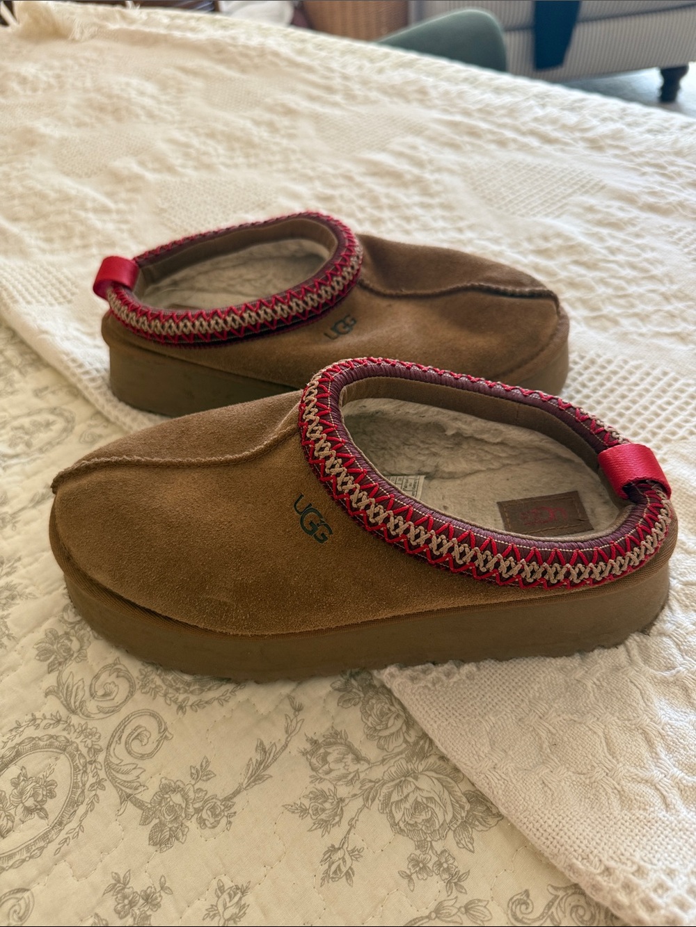 UGG Women's Chestnut Suede Slip-On Clog with Red Trim